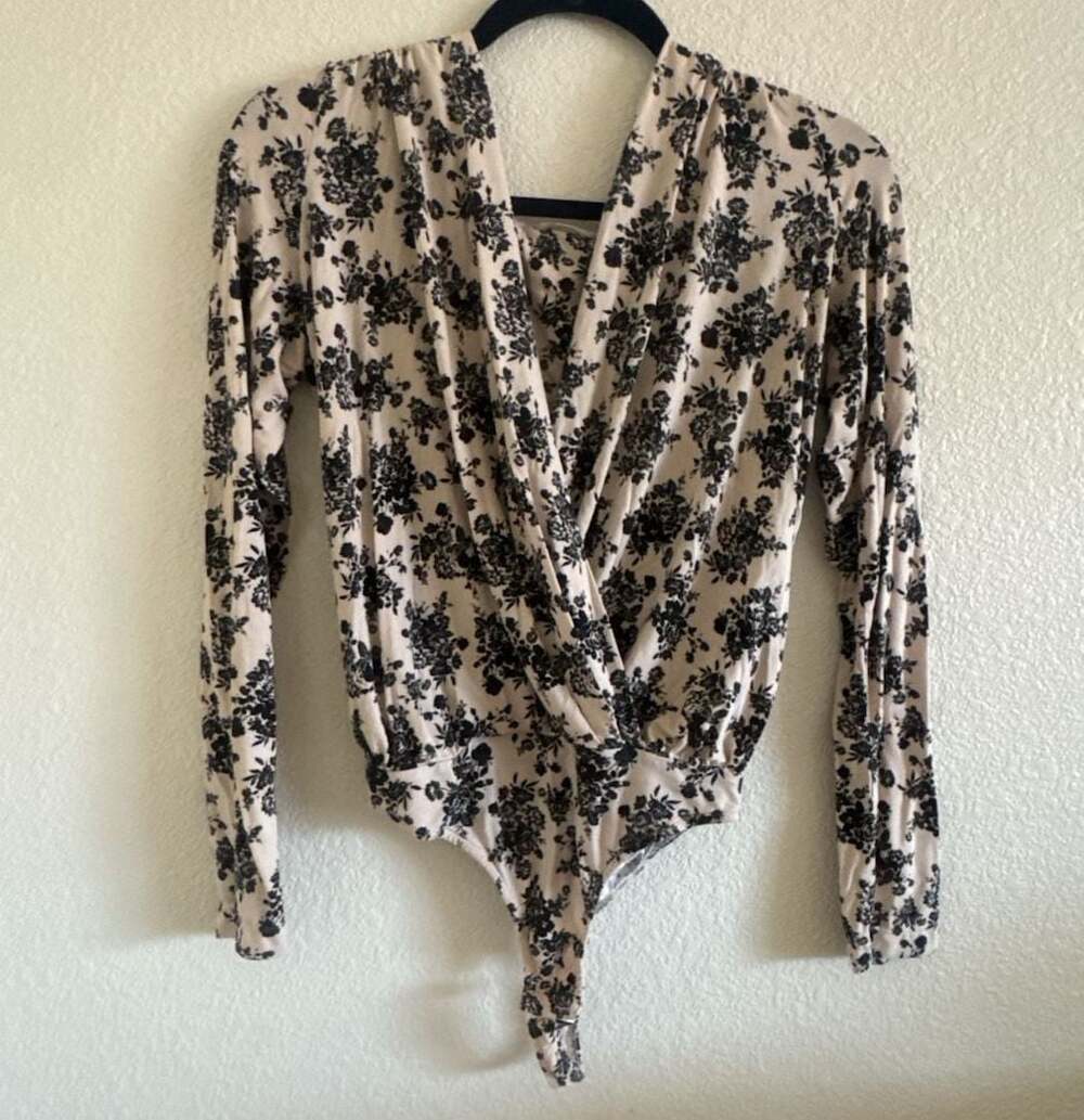 Free People Intimately Printed Turnt Long Sleeve Bodysuit Ecru Combo M